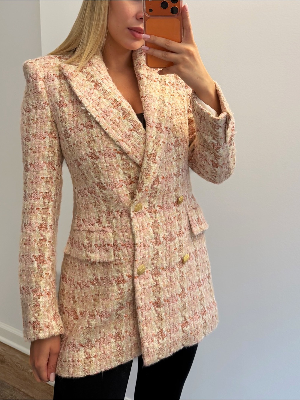 Zara Blush Pink Tweed Double-Breasted Blazer with Gold Buttons
